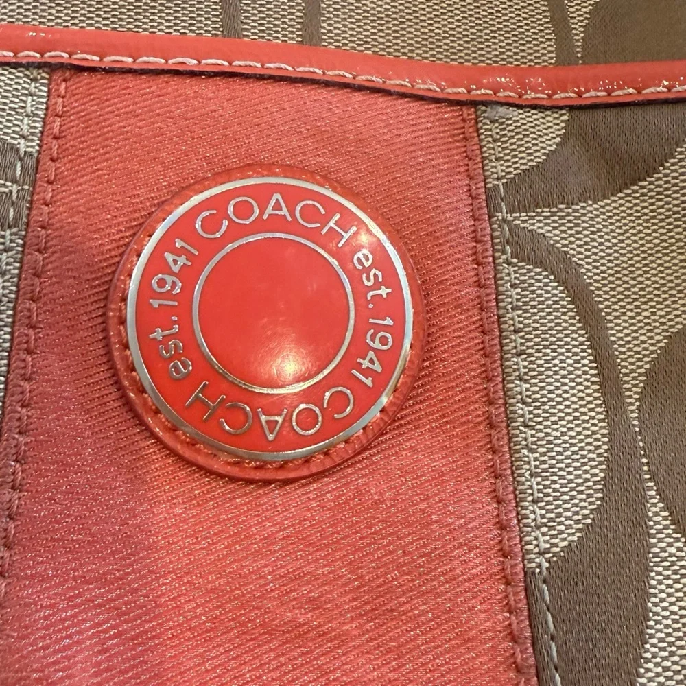 Coach Signature Stripe tote/hobo-bag w/orange leather trim F19203 - Picture 4 of 13